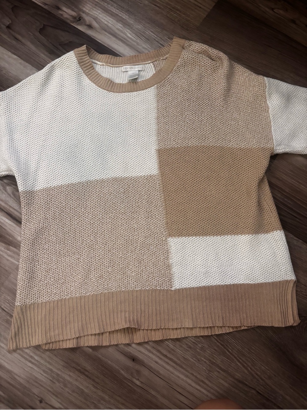 Design History Beige & Cream Block Knit Crewneck Sweater